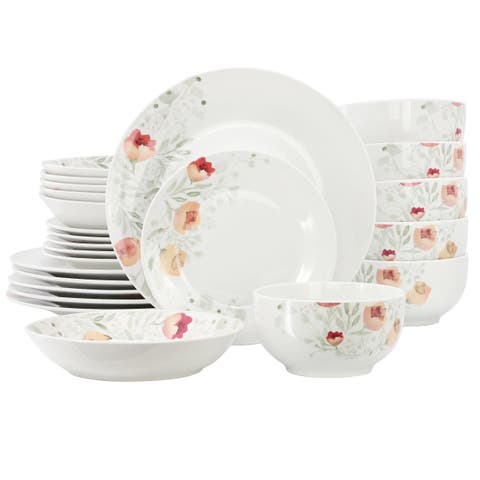 Poppy 24 Piece Porcelain Double Bowl Dinnerware Set, Service for 6