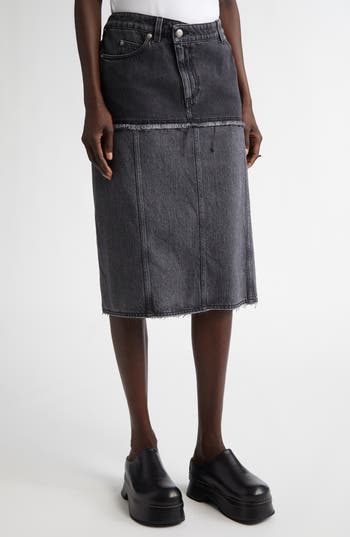 Alexander Mcqueen Two-tone Black Denim Skirt In Black Stonewashed