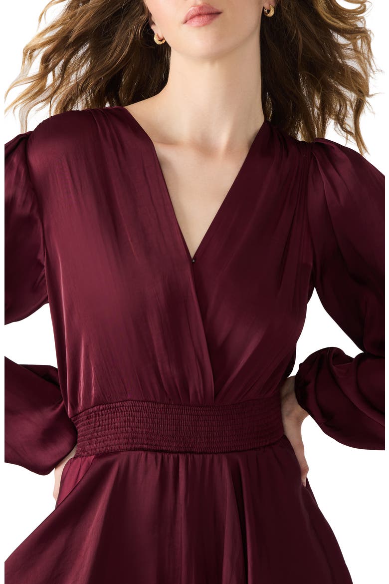 Bei Long Sleeve Tiered Satin Midi Dress, Alternate, color, WINE
