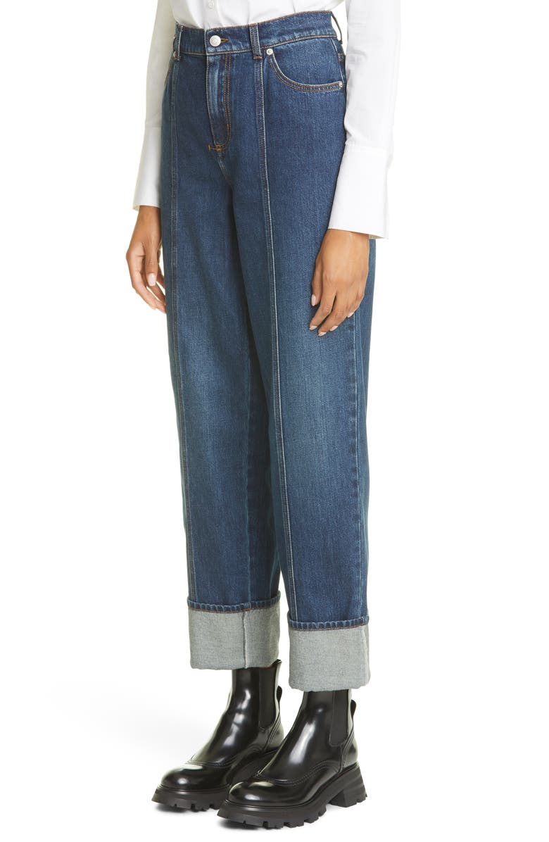 McQueen Alexander McQueen High Waist Cuffed Denim Pants, Alternate, color, 