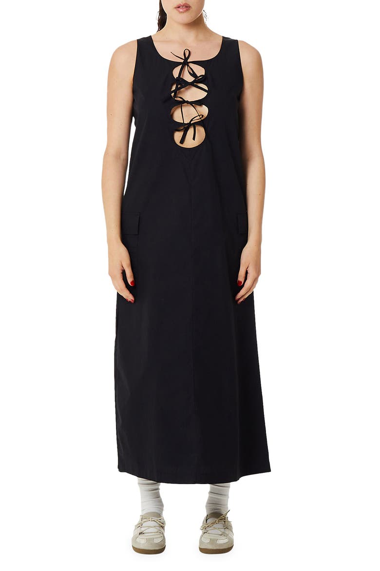 Shyla Bow Cutout Cotton Maxi Dress, Main, color, BLACK