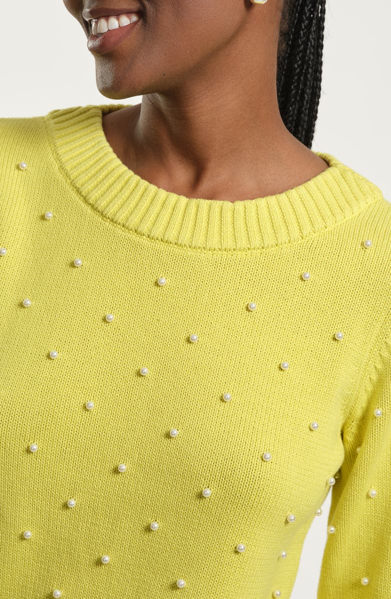 Isaac Mizrahi New York Faux Pearl Accent Cotton Crewneck Sweater, Alternate, color, Lime