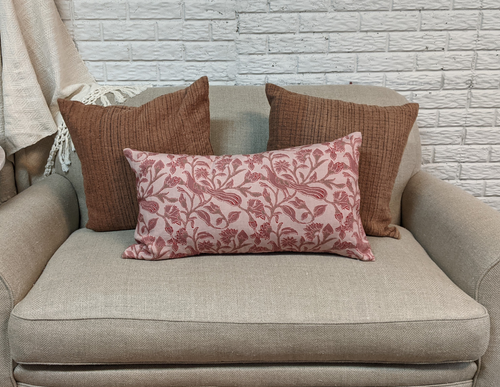 Alamwar Peacock Garden Lumbar Pillow Cover In Coral/clay/rose On Sand