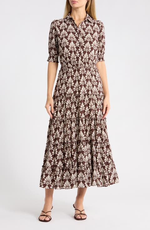 Elbow Sleeve Tiered Maxi Shirtdress