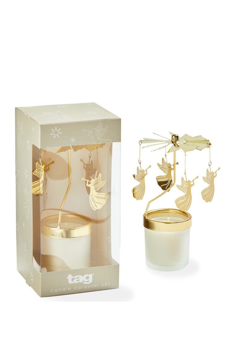 Snowcap Angel Carousel Candle Holder Gold Metal Tealight, Main, color, Gold