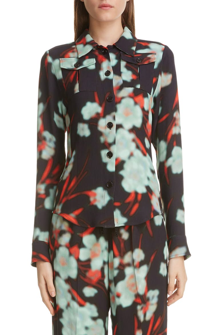 Dires Van Noten Crinkled Floral Print Shirt, Main, color, 900-BLACK