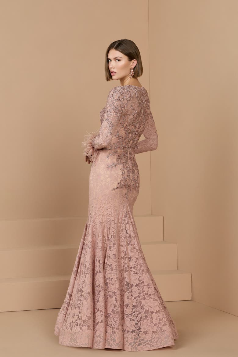 Long Sleeve Feather Embellished Mermaid Gown, Alternate, color, Rose