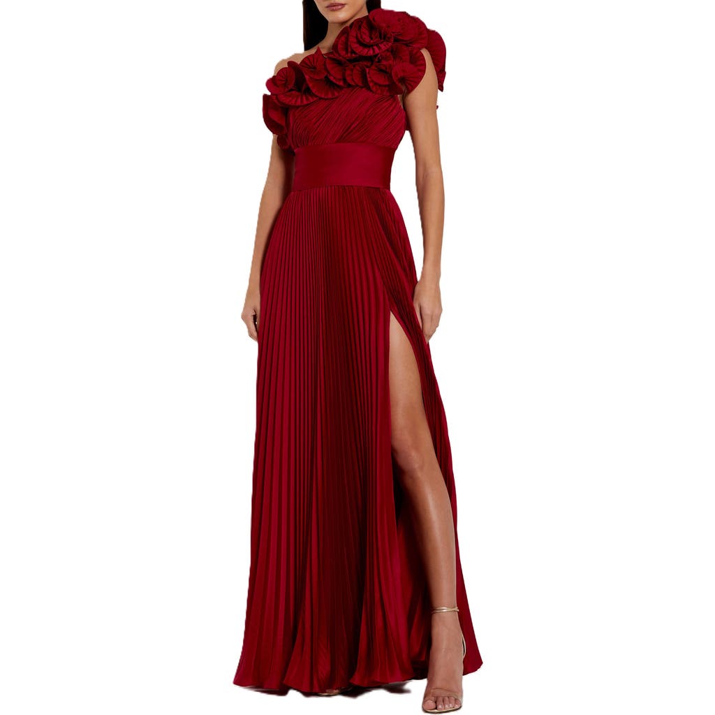 Mac Duggal Pleated Charmeuse One Shoulder Ruffle Gown In Red