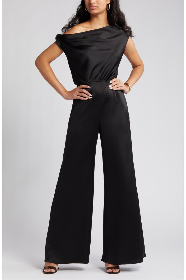 The Keita One-Shoulder Satin Jumpsuit, Alternate, color, BLACK