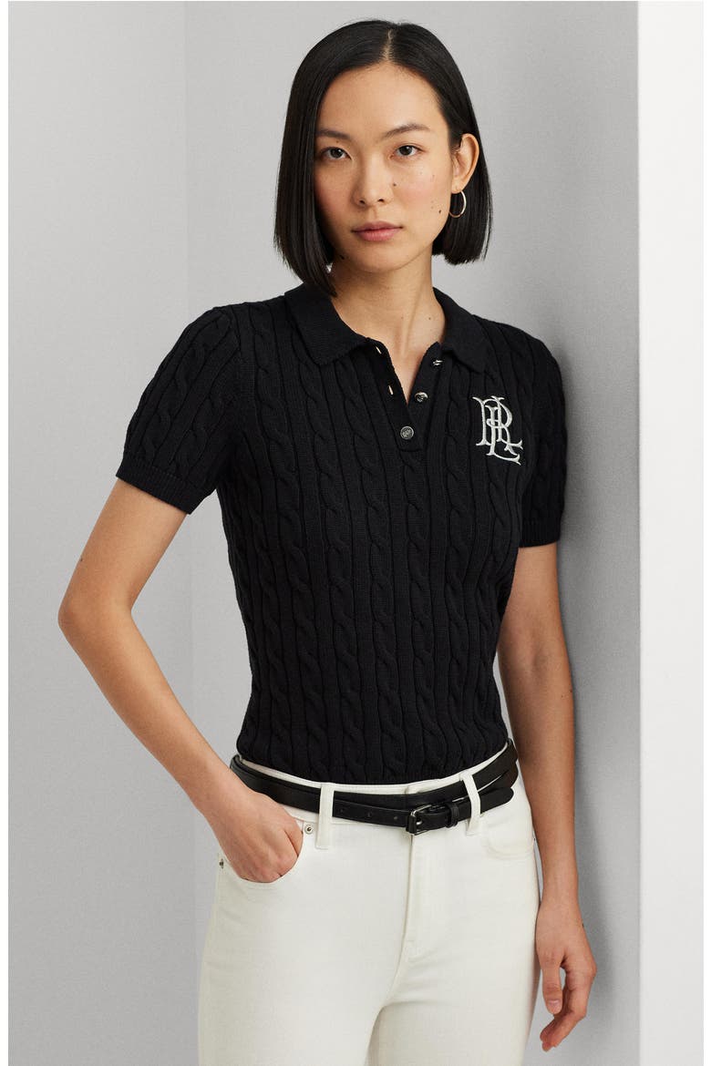 Cable Knit Cotton Polo Sweater, Alternate, color, BLACK