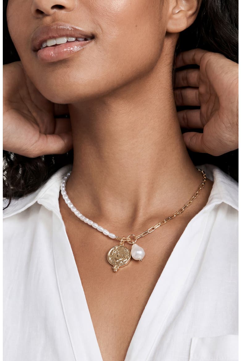 Faux Pearl & Chain Pendant Necklace, Alternate, color, GOLD