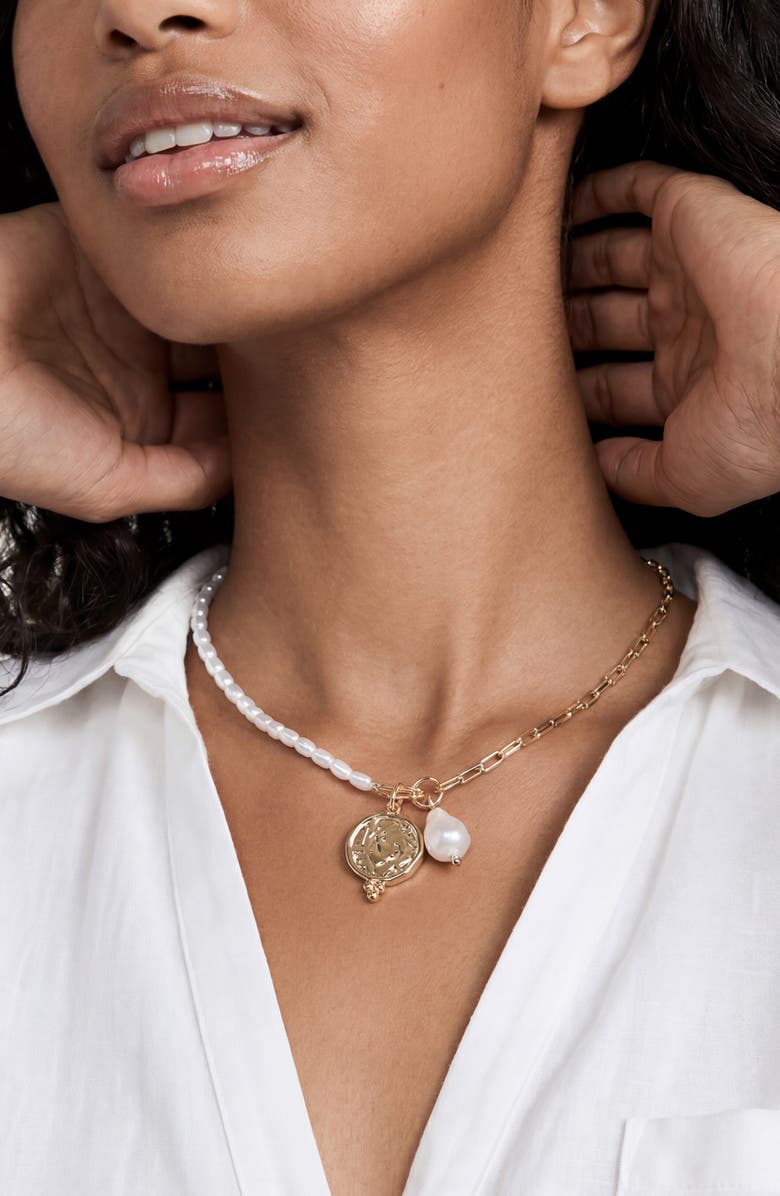 Ettika Faux Pearl & Chain Pendant Necklace, Alternate, color, Gold