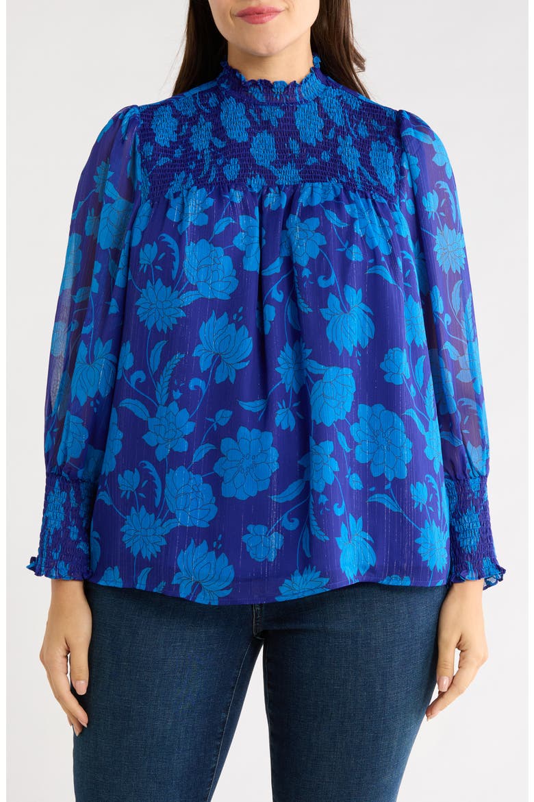 Sunnie Metallic Smocked Yoke Balloon Sleeve Top, Main, color, NAVY-MULTI
