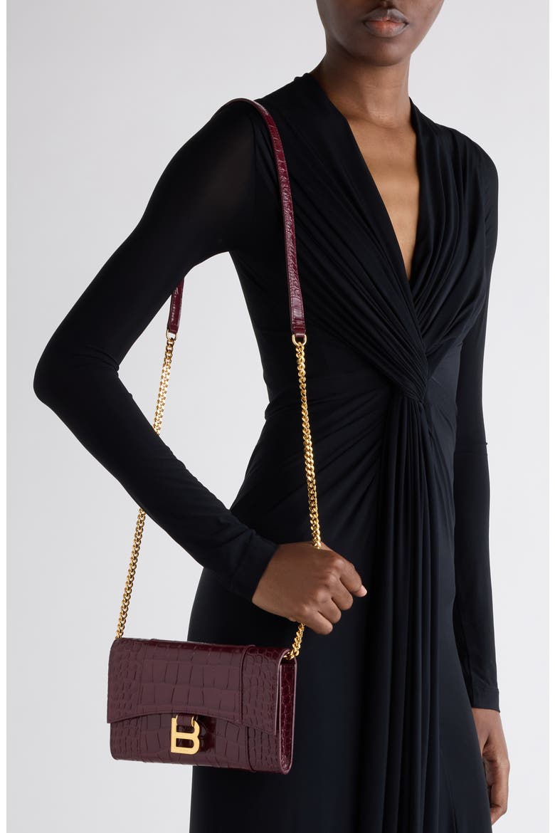 Hourglass Croc Embossed Patent Leather Wallet on a Chain, Alternate, color, 6036 DARK BURGUNDY
