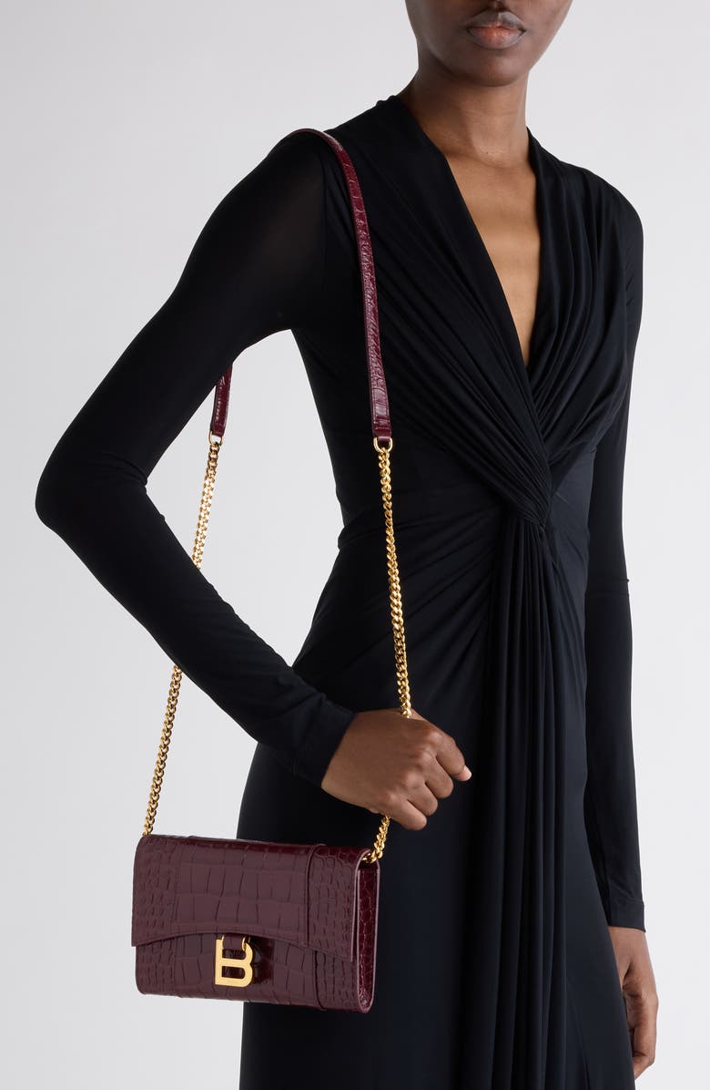 Balenciaga Hourglass Croc Embossed Patent Leather Wallet on a Chain, Alternate, color, 6036 Dark Burgundy