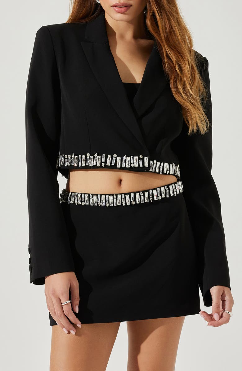 ASTR the Label Hazel Crystal Embellished Crop Blazer, Main, color, Black