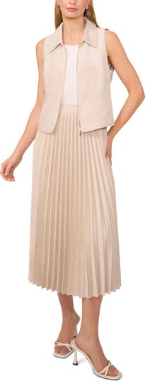 Pleated A-Line Faux Suede Midi Skirt
