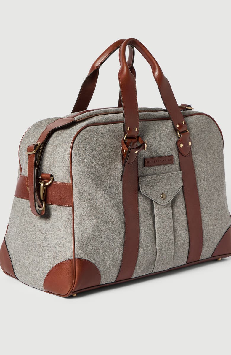 Brunello Cucinelli Virgin wool, alpaca and cashmere flannel street bag with grained calfskin inserts, Alternate, color, Medium Grey