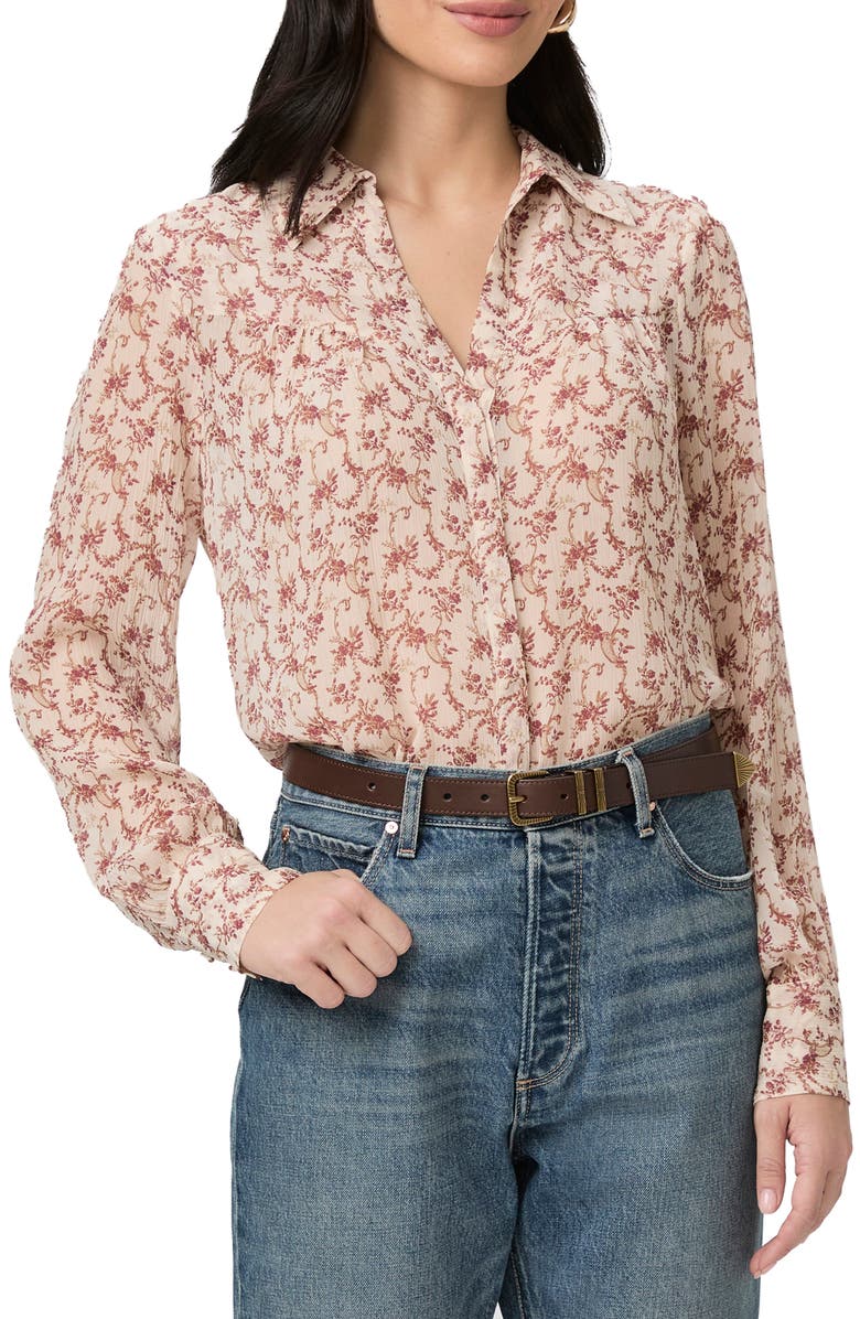 PAIGE Gardener Floral Silk Button-Up Shirt, Main, color, Cream/ Flagstone