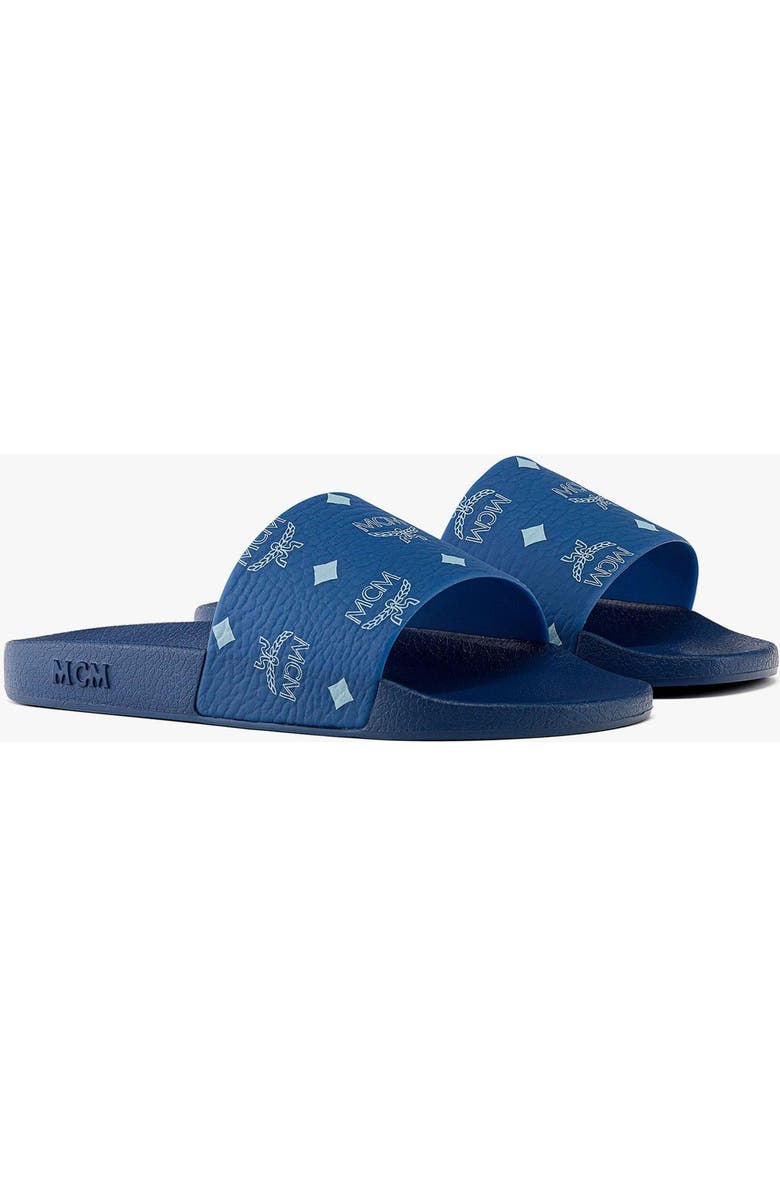 MCM Women's Monogram Print Rubber Slides, Main, color, Blue
