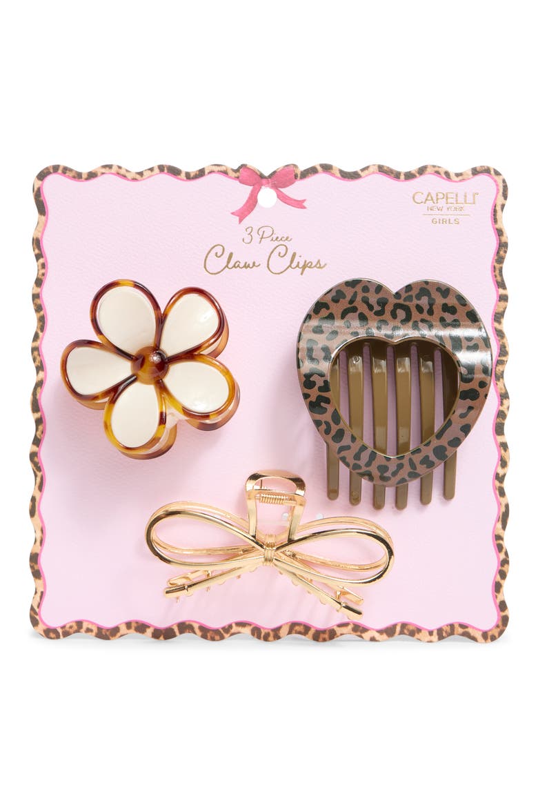 Kids' Set of 3 Leopard, Flower & Bow Claw Clip Set, Main, color, BROWN COMBO