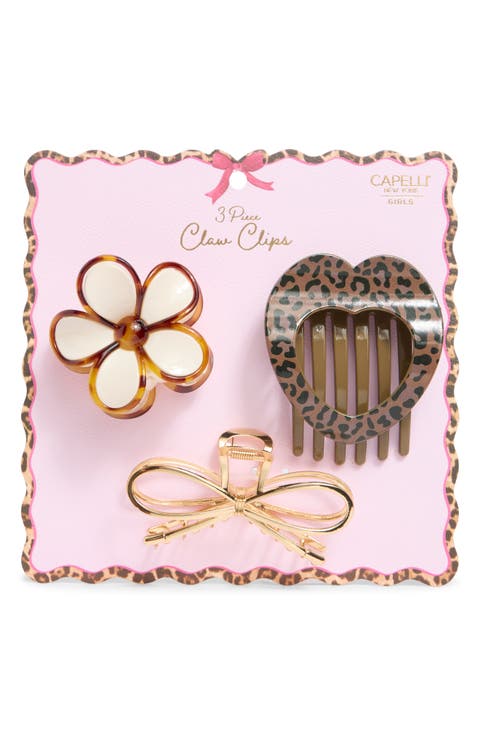 Kids' Set of 3 Leopard, Flower & Bow Claw Clip Set