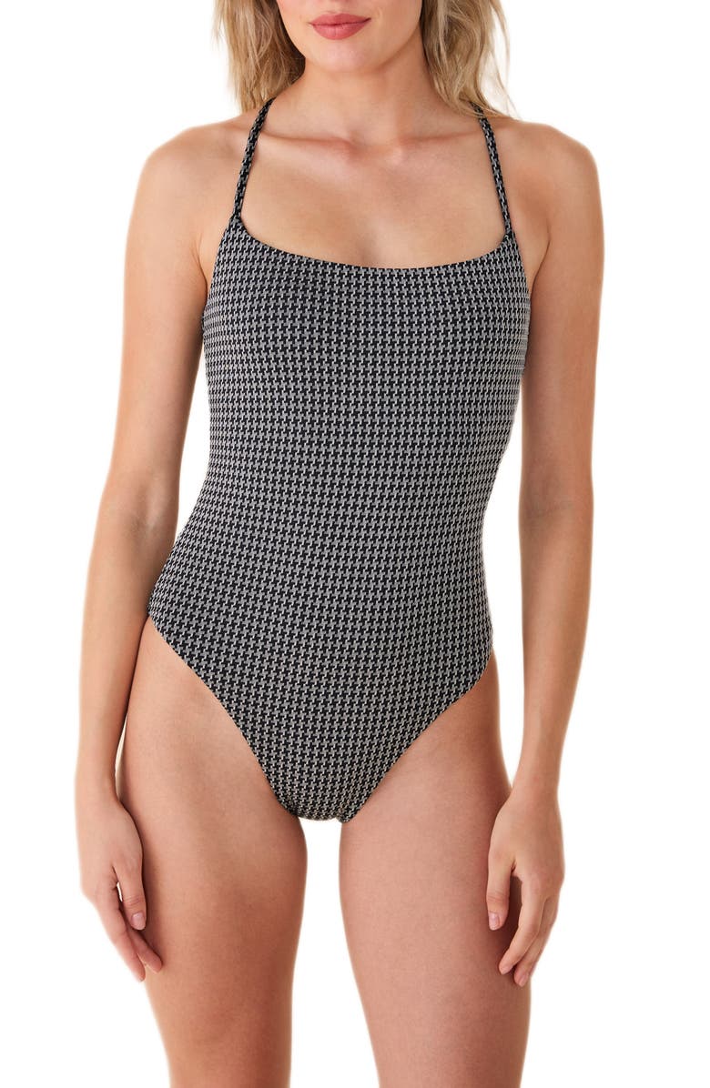 Andie The Fiji Houndstooth Lace-Up Back One-Piece Swimsuit, Main, color, Black Houndstooth
