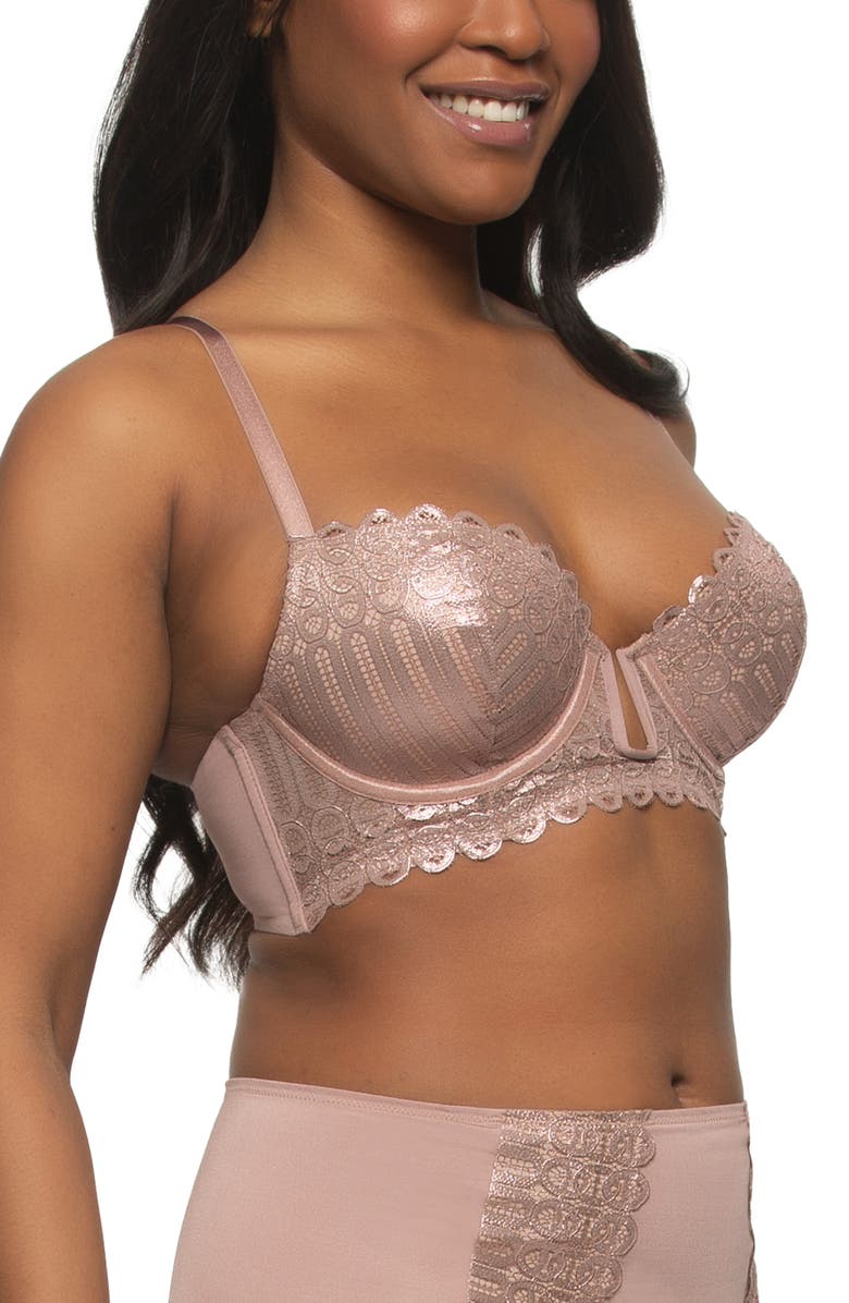 Felina Siren Underwire Shimmer Lace Plunge Demi Longline Bra, Alternate, color, Rose Tan Shimmer