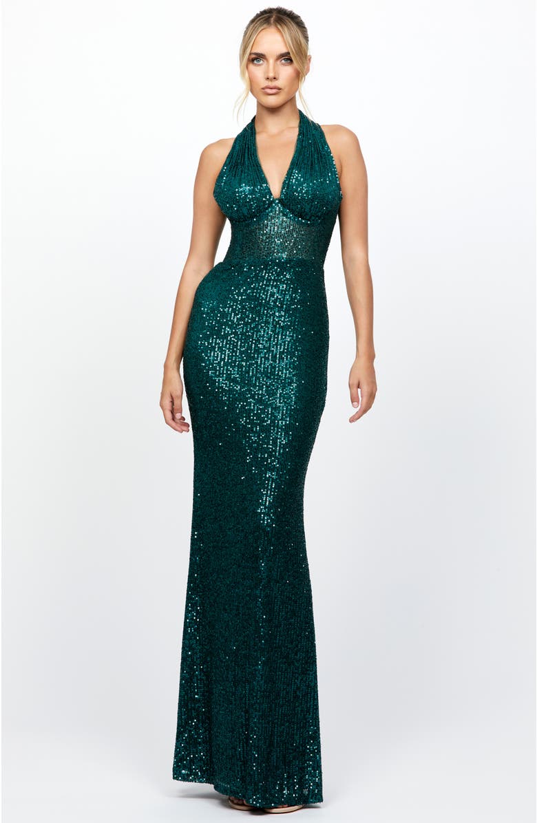 Bariano Shaylyn Sequin Halter Gown, Main, color, Emerald