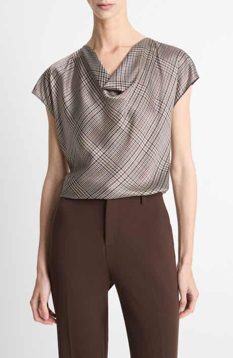 Vince Pressed Plaid Cowl Neck Silk Top