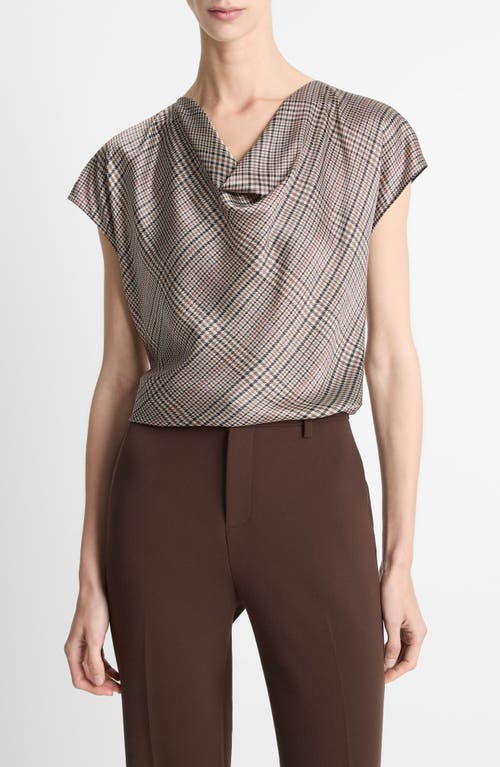 Vince Pressed Plaid Cowl Neck Silk Top In Brown