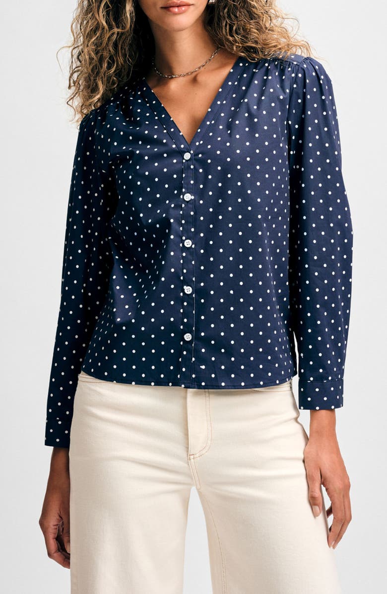 Isaac Mizrahi New York Cotton V-Neck Button-Up Shirt, Main, color, Navy/ White Dot