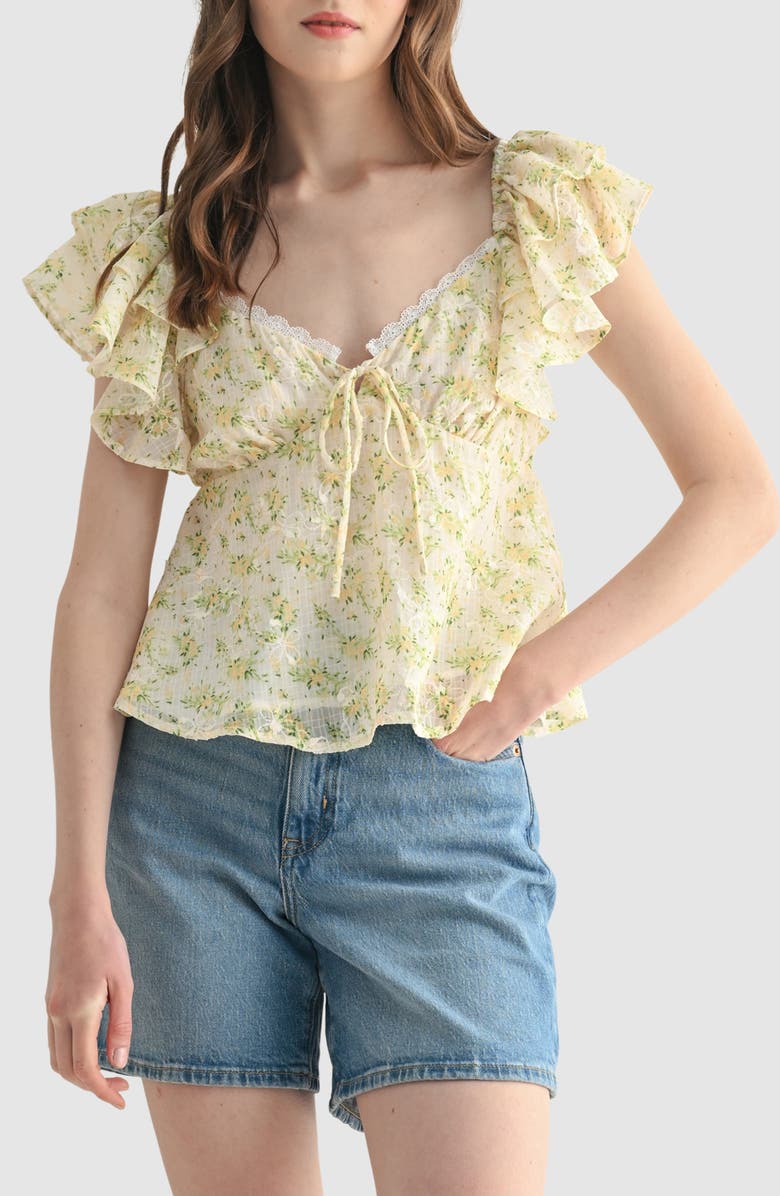 All in Favor Flutter Sleeve Top, Main, color, Yellow Floral