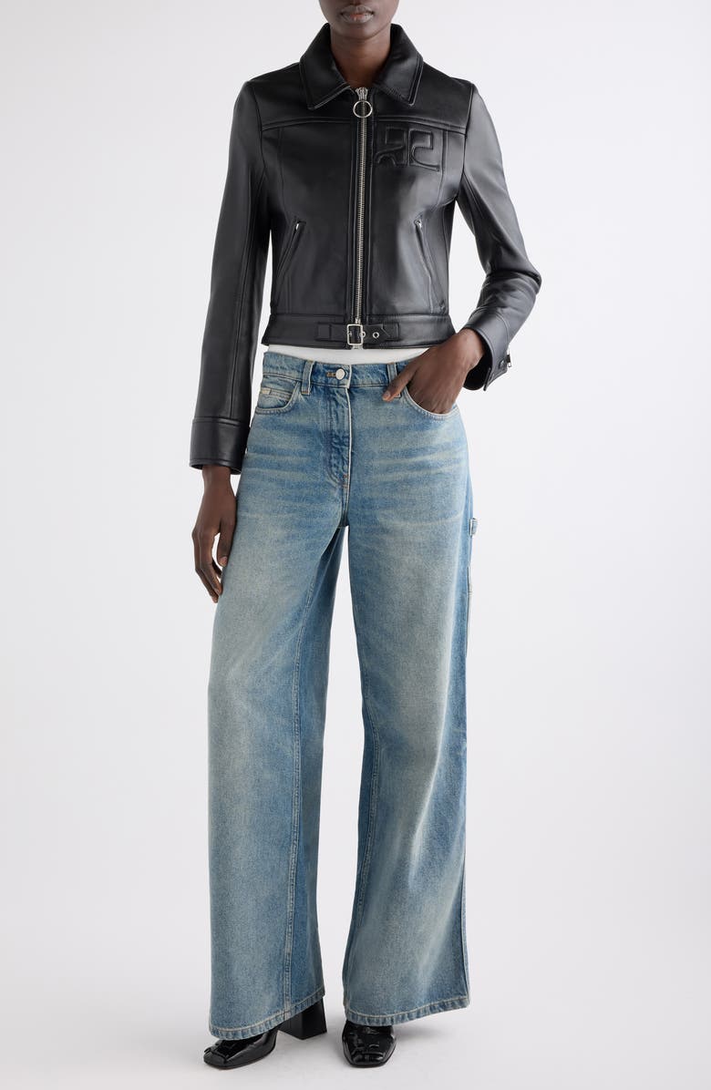 Courrèges Iconic Zip Lambskin Leather Jacket, Alternate, color, Black