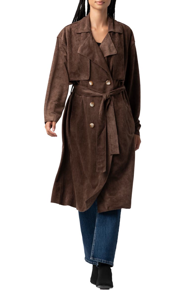 BLANKNYC Double Breasted Faux Suede Trench Coat, Main, color, Down To Earth