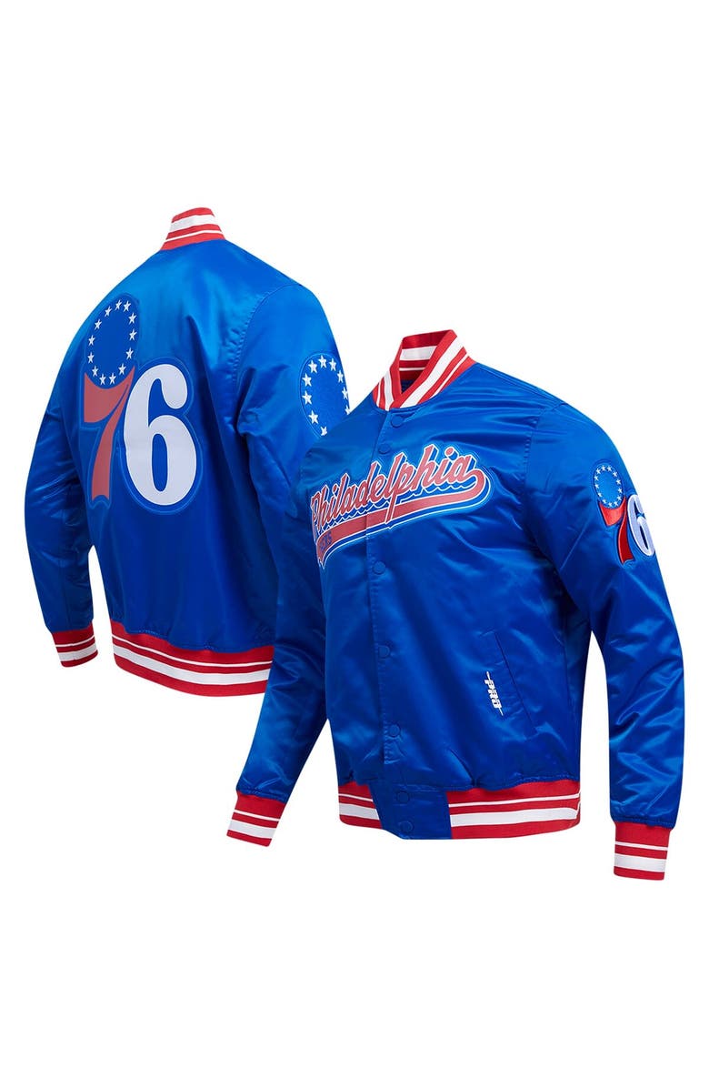 PRO STANDARD Men's Pro Standard Royal Philadelphia 76ers Script Tail Full-Snap Satin Varsity Jacket, Main, color, Royal
