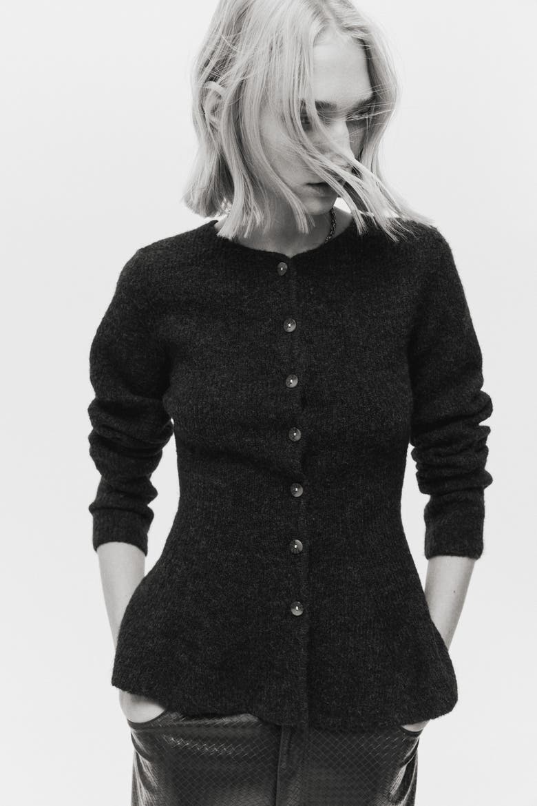 Rib-knit Peplum Cardigan, Main, color, Dark gray melange