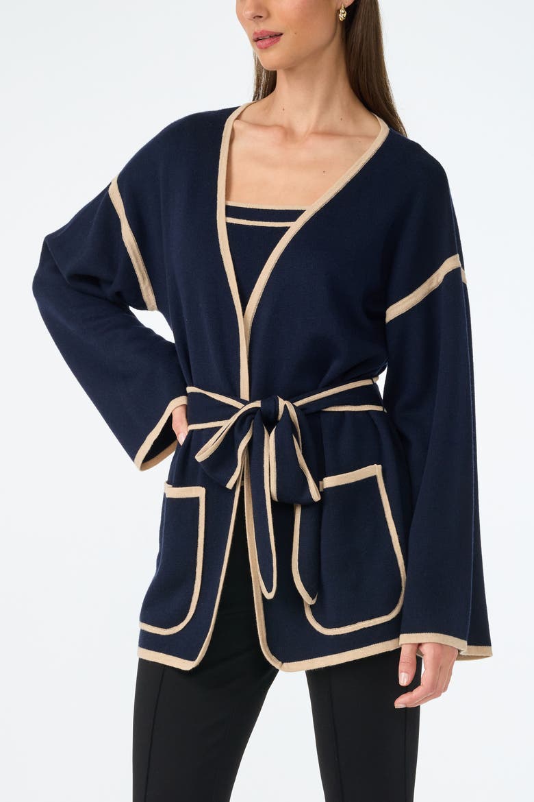 Wright Belted Flare Sleeve Cardigan, Alternate, color, Indigo/Biarritz Beige