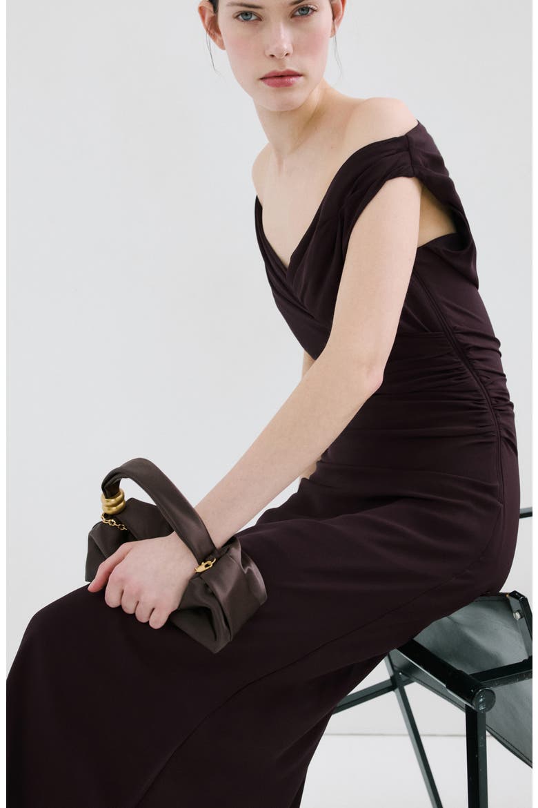 Ruched Off the Shoulder Dress, Alternate, color, BROWN