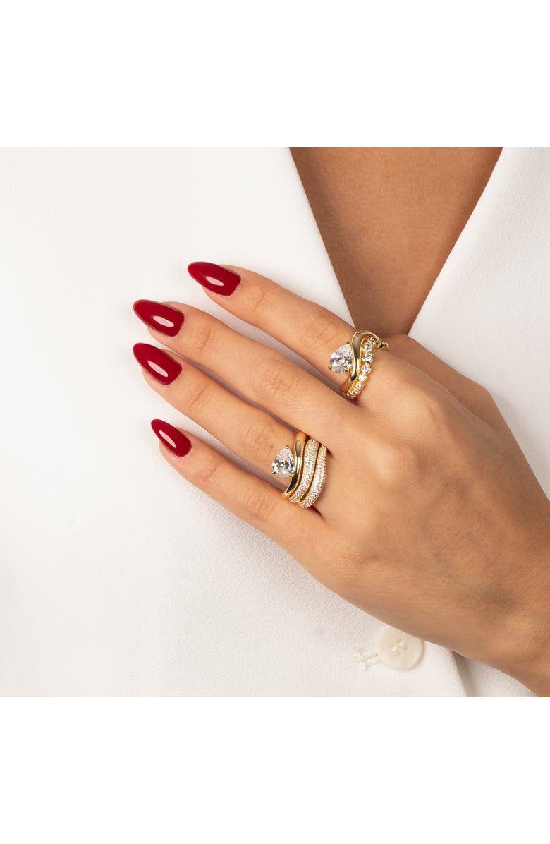 BY ADINA EDEN Solid/Pave Waved Triple Band W/ Pear Stone Ring, Alternate, color, Gold