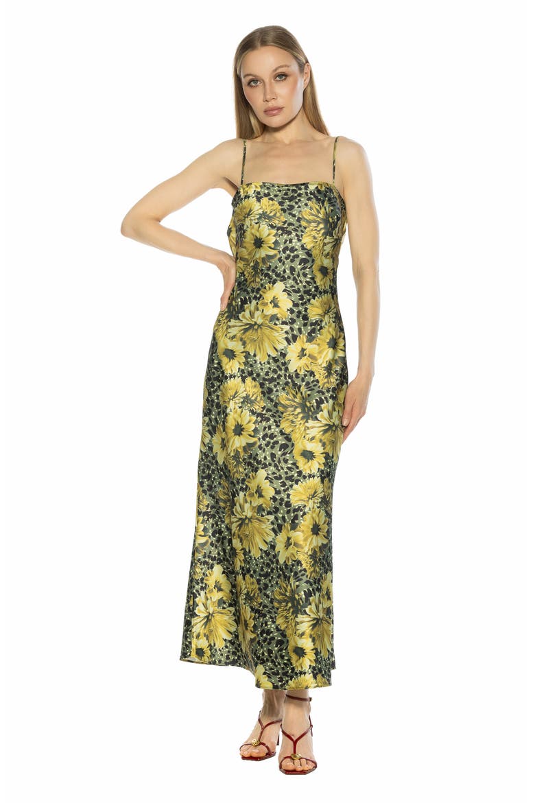 Slo Draped Open Back Satin Maxi Dress, Alternate, color, GREEN FLORAL