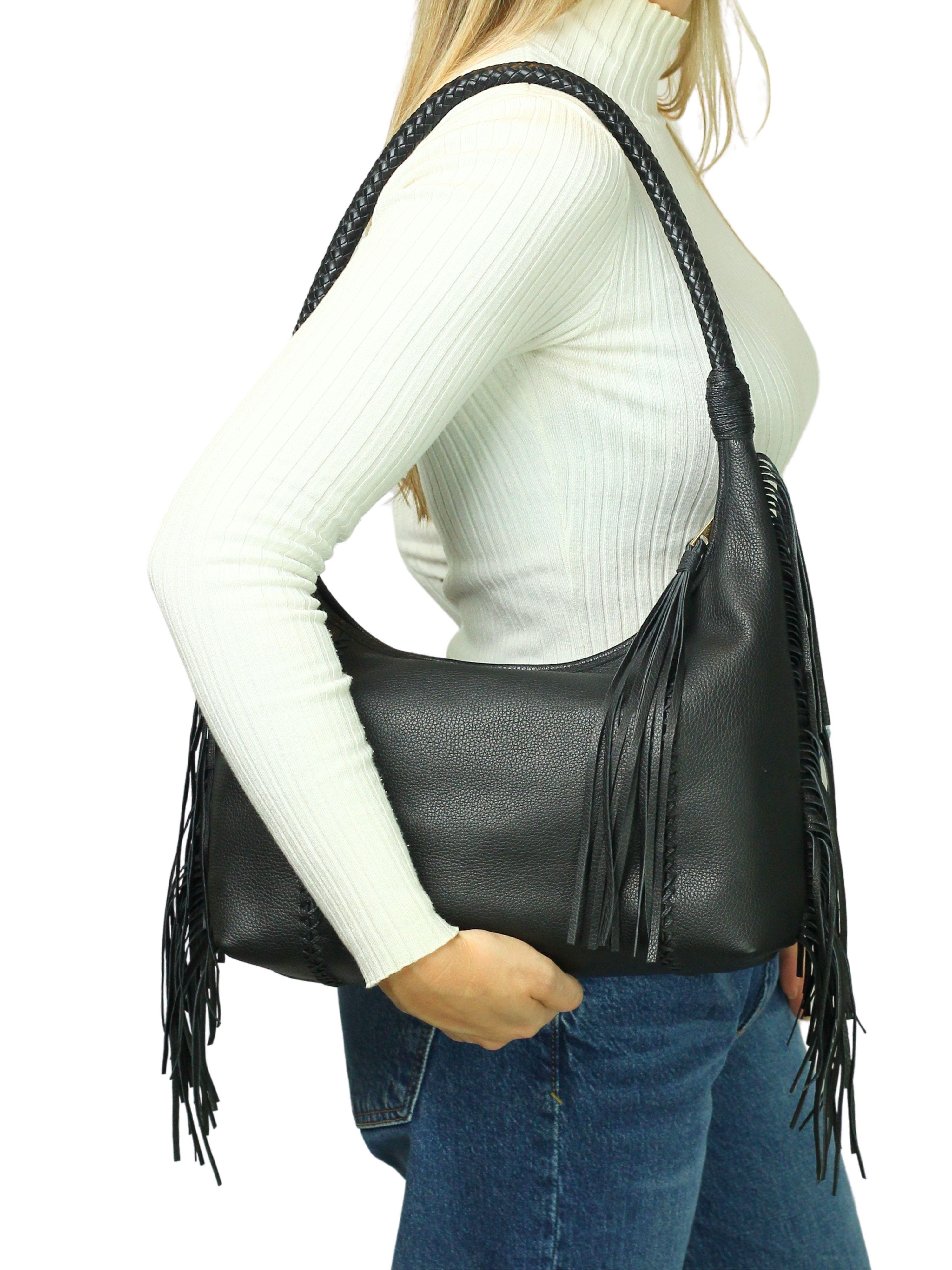 Carlos Falchi Large Fringe Top Grain Leather Hobo Shoulder Bag, Alternate, color, Black Obsidian