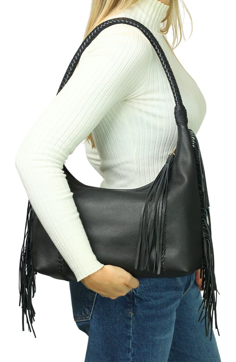 Carlos Falchi Large Fringe Top Grain Leather Hobo Shoulder Bag, Alternate, color, Black Obsidian