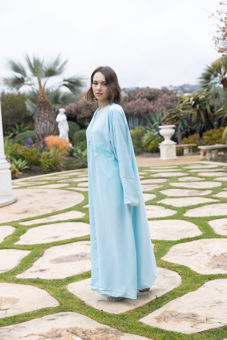 Palm Embroidered Silk Kaftan, Alternate, color, Tiffany Blue