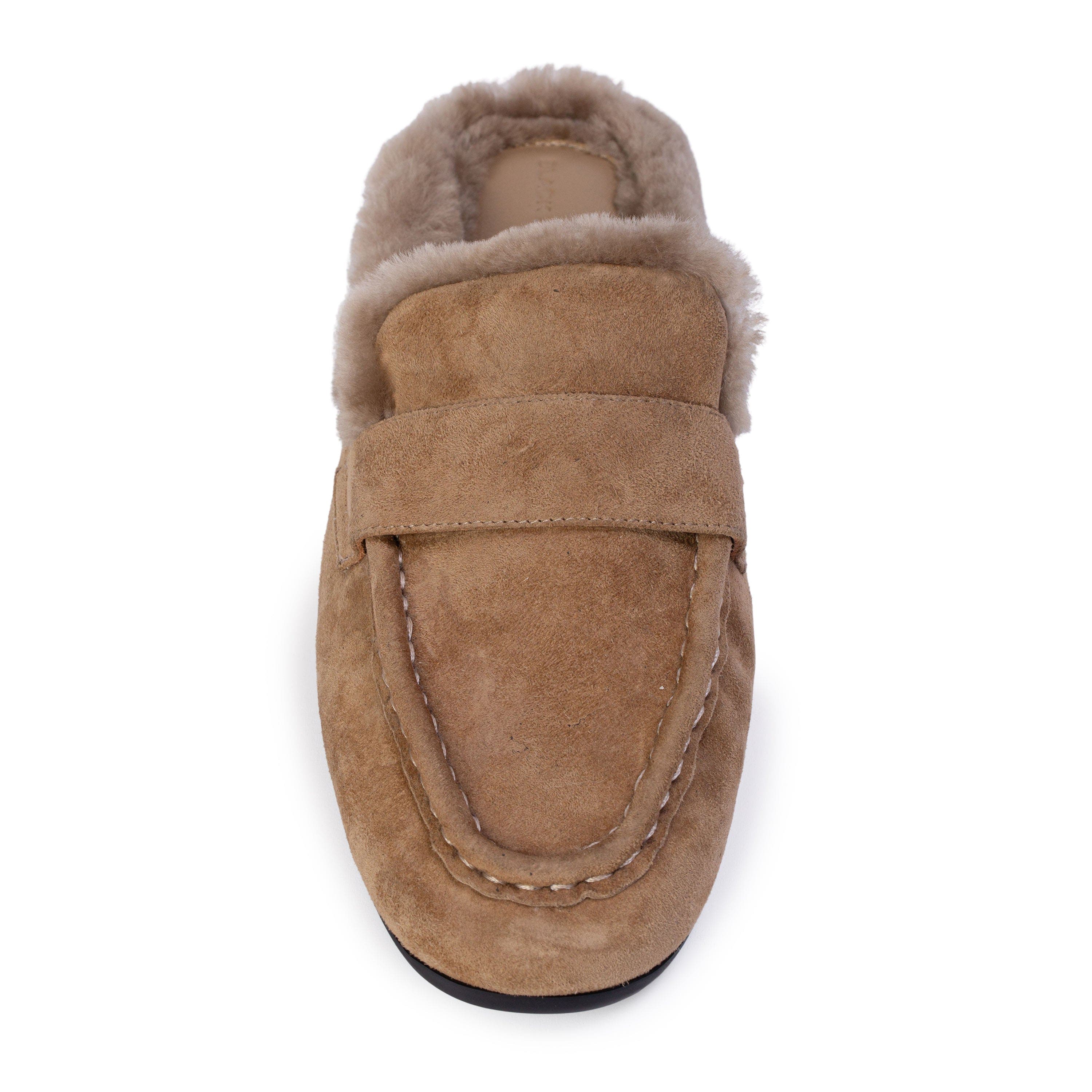 Theo Mule, Alternate, color, Latte Suede / Wool Shearling