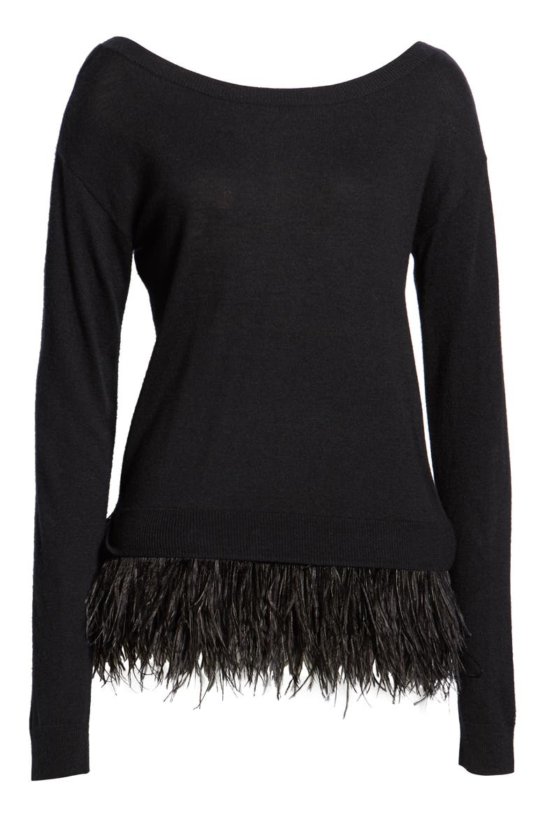 Feather Trim Sweater, Alternate, color, BLACK