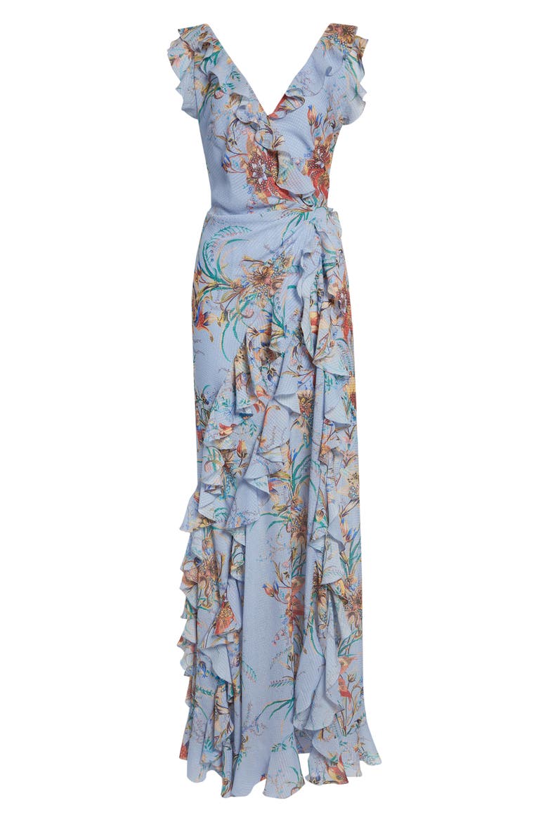Floral Ruffled Check Jacquard Gown, Alternate, color, PRINT ON PALE BLUE BASE