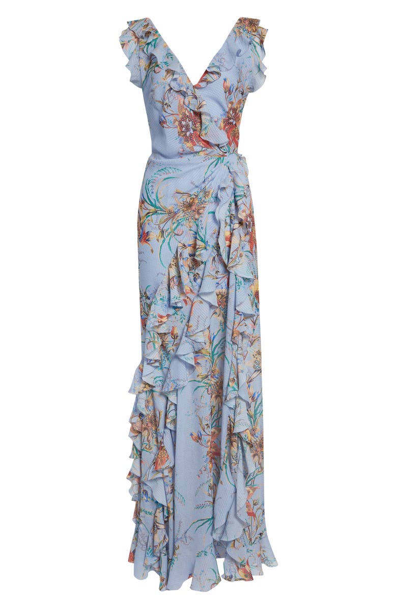 Etro Floral Ruffled Check Jacquard Gown, Alternate, color, Print On Pale Blue Base
