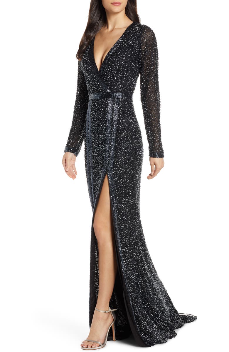 Mac Duggal Sequin Beaded Long Sleeve Gown, Main, color,