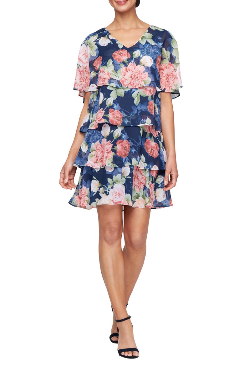 Floral Flutter Sleeve Tiered Minidress, Main, color, NAVY MULTI